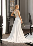 Lilia A-Line V-neck Court Train Chiffon Lace Wedding Dress With Beading Sequins UKP0017174