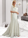 Whitney Sheath/Column V-neck Sweep Train Lace Wedding Dress With Split Front UKP0017175