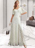 Whitney Sheath/Column V-neck Sweep Train Lace Wedding Dress With Split Front UKP0017175