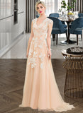 Roberta A-Line V-neck Sweep Train Tulle Lace Wedding Dress UKP0017177