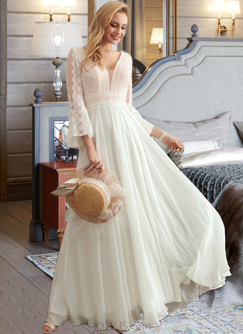 Everleigh A-Line V-neck Floor-Length Chiffon Lace Wedding Dress UKP0017178