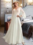 Everleigh A-Line V-neck Floor-Length Chiffon Lace Wedding Dress UKP0017178