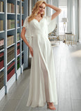 Molly A-Line V-neck Floor-Length Chiffon Wedding Dress With Lace Split Front UKP0017186