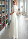 Molly A-Line V-neck Floor-Length Chiffon Wedding Dress With Lace Split Front UKP0017186