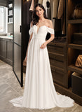 Allie A-Line Off-the-Shoulder Court Train Chiffon Wedding Dress With Pleated UKP0017187