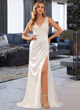 Malia Trumpet/Mermaid V-neck Sweep Train Satin Lace Wedding Dress With Ruffle Lace UKP0017189