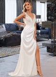 Malia Trumpet/Mermaid V-neck Sweep Train Satin Lace Wedding Dress With Ruffle Lace UKP0017189