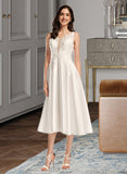 Whitney A-Line V-neck Tea-Length Satin Lace Wedding Dress With Pockets UKP0017191