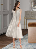 Whitney A-Line V-neck Tea-Length Satin Lace Wedding Dress With Pockets UKP0017191