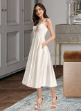 Whitney A-Line V-neck Tea-Length Satin Lace Wedding Dress With Pockets UKP0017191