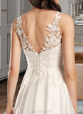 Whitney A-Line V-neck Tea-Length Satin Lace Wedding Dress With Pockets UKP0017191