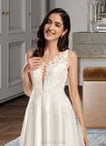 Whitney A-Line V-neck Tea-Length Satin Lace Wedding Dress With Pockets UKP0017191