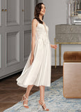 Whitney A-Line V-neck Tea-Length Satin Lace Wedding Dress With Pockets UKP0017191