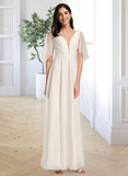 Kate A-Line V-neck Floor-Length Chiffon Wedding Dress With Beading UKP0017196