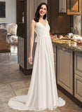 Deborah A-Line V-neck Court Train Chiffon Wedding Dress With Lace UKP0017198