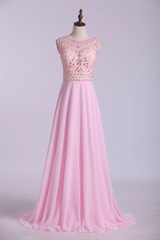 Beaded Bodice Bateau Prom Dresses Chiffon Floor Length