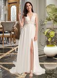 Elise A-Line V-neck Court Train Tulle Lace Wedding Dress With Sequins UKP0017200