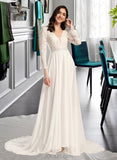 Shaylee A-Line V-neck Court Train Chiffon Lace Wedding Dress With Ruffle UKP0017202