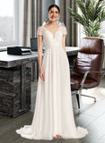 Vivienne A-Line V-neck Court Train Chiffon Lace Wedding Dress With Bow(s) UKP0017204