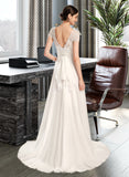 Vivienne A-Line V-neck Court Train Chiffon Lace Wedding Dress With Bow(s) UKP0017204