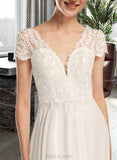 Vivienne A-Line V-neck Court Train Chiffon Lace Wedding Dress With Bow(s) UKP0017204