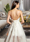 Bria A-Line Sweetheart Asymmetrical Tulle Charmeuse Lace Wedding Dress With Beading Bow(s) UKP0017212