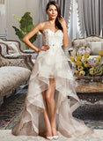 Bria A-Line Sweetheart Asymmetrical Tulle Charmeuse Lace Wedding Dress With Beading Bow(s) UKP0017212