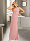 Mariam Trumpet/Mermaid Halter Floor-Length Chiffon Lace Bridesmaid Dress UKP0017216