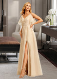 Alana A-Line V-neck Floor-Length Tulle Bridesmaid Dress UKP0017217