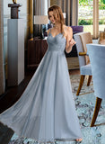 Susanna A-Line V-neck Floor-Length Tulle Lace Bridesmaid Dress UKP0017218