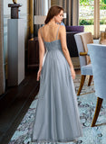 Susanna A-Line V-neck Floor-Length Tulle Lace Bridesmaid Dress UKP0017218