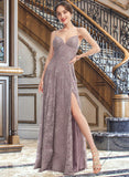 Lillian A-line V-Neck Floor-Length Lace Bridesmaid Dress UKP0017221