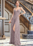 Lillian A-line V-Neck Floor-Length Lace Bridesmaid Dress UKP0017221