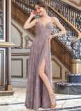 Lillian A-line V-Neck Floor-Length Lace Bridesmaid Dress UKP0017221