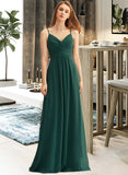 Val A-Line V-neck Floor-Length Chiffon Bridesmaid Dress With Ruffle UKP0017222