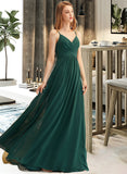 Val A-Line V-neck Floor-Length Chiffon Bridesmaid Dress With Ruffle UKP0017222