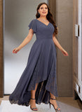 Novia A-Line V-neck Asymmetrical Chiffon Bridesmaid Dress With Ruffle UKP0017223