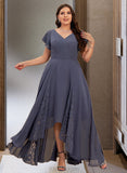 Novia A-Line V-neck Asymmetrical Chiffon Bridesmaid Dress With Ruffle UKP0017223