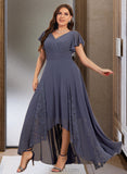 Novia A-Line V-neck Asymmetrical Chiffon Bridesmaid Dress With Ruffle UKP0017223