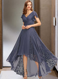 Novia A-Line V-neck Asymmetrical Chiffon Bridesmaid Dress With Ruffle UKP0017223