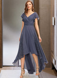 Novia A-Line V-neck Asymmetrical Chiffon Bridesmaid Dress With Ruffle UKP0017223