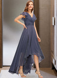 Novia A-Line V-neck Asymmetrical Chiffon Bridesmaid Dress With Ruffle UKP0017223