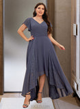 Novia A-Line V-neck Asymmetrical Chiffon Bridesmaid Dress With Ruffle UKP0017223