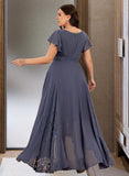 Novia A-Line V-neck Asymmetrical Chiffon Bridesmaid Dress With Ruffle UKP0017223