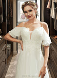 Aryanna A-Line Cold Shoulder Court Train Organza Wedding Dress With Ruffle Beading Sequins UKP0017224