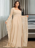 Vivien A-Line Square Floor-Length Chiffon Lace Wedding Dress With Ruffle Beading UKP0017225