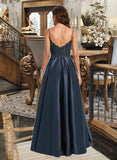 Carla A-Line V-neck Floor-Length Satin Lace Prom Dresses With Sequins UKP0017227