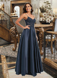 Carla A-Line V-neck Floor-Length Satin Lace Prom Dresses With Sequins UKP0017227