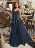 Carla A-Line V-neck Floor-Length Satin Lace Prom Dresses With Sequins UKP0017227