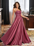 Pam A-Line Square Sweep Train Satin Prom Dresses With Beading Sequins UKP0017228